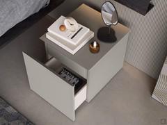 Top view of the open 42 cm nightstand FortyFive: note the inner drawer with matching lacquered front on the outside 