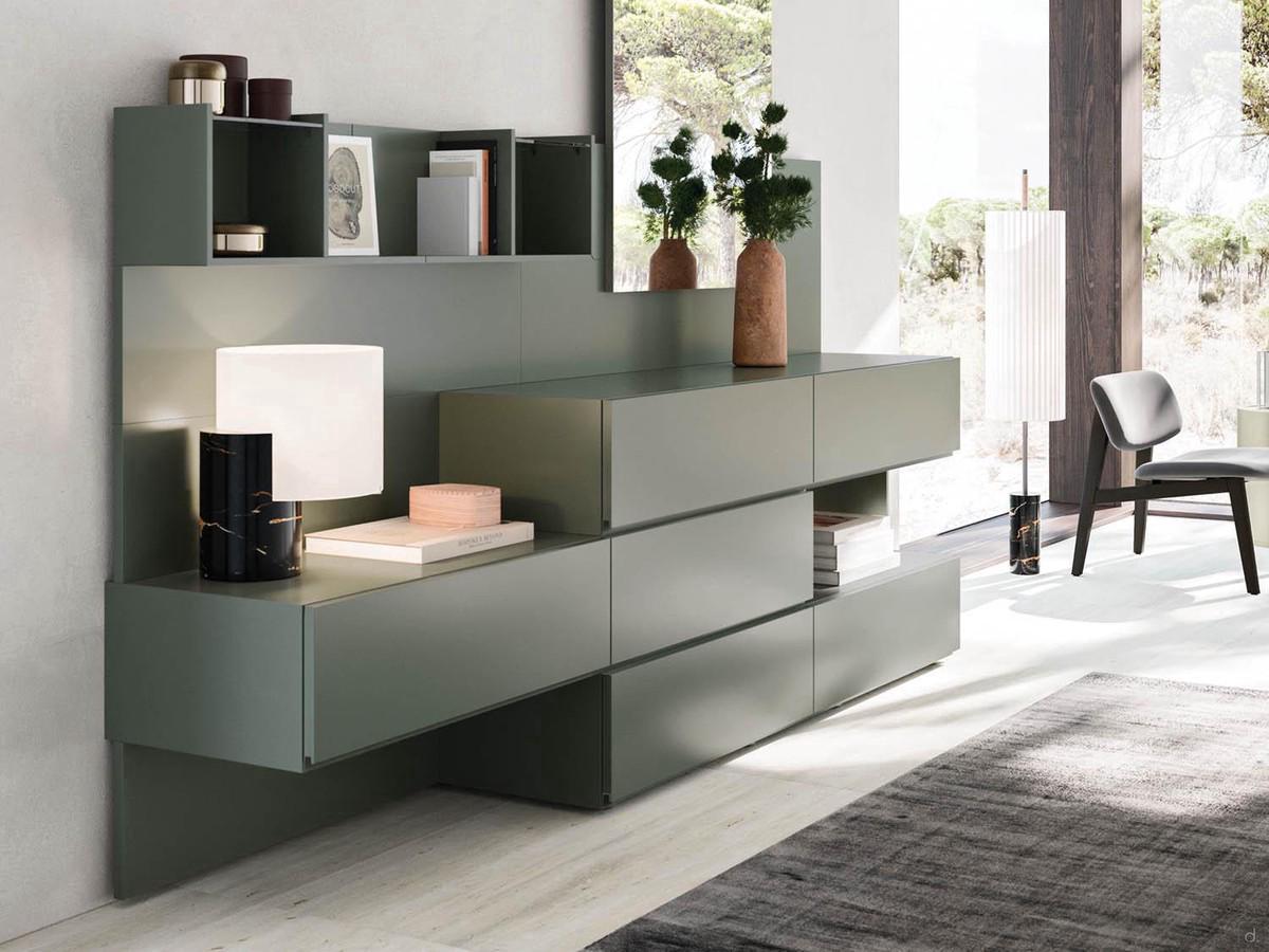 Mason grooved modular storage units, suspended or floor-standing and also freely juxtaposed with nightstands and dressers