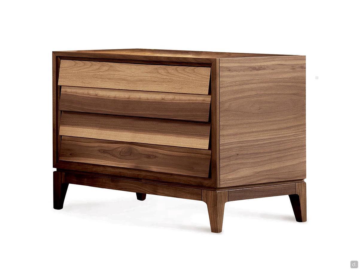 Nightstand Ayame in natural walnut - each of the two fronts features a pair of slanted solid wood slats