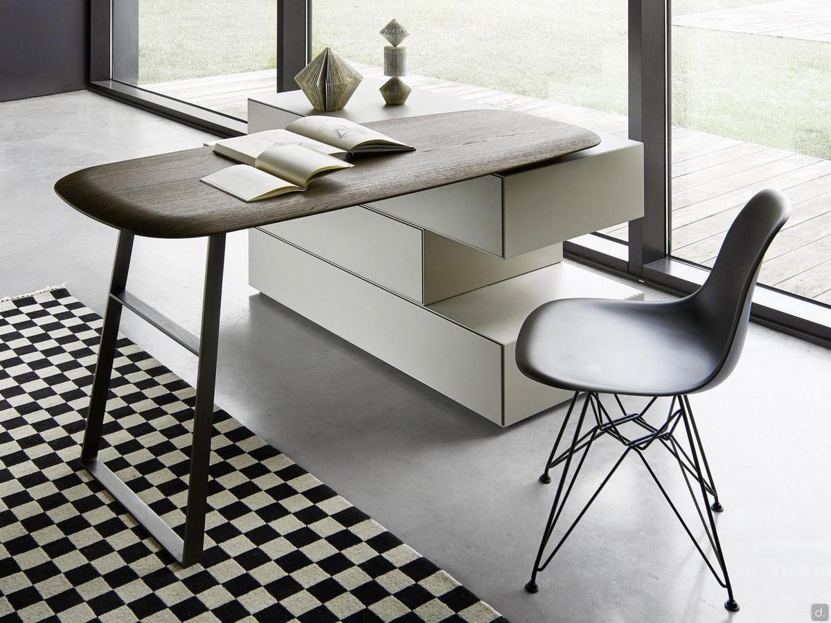 Desk with swivel bevelled top in heat-treated oak standing on California storage units