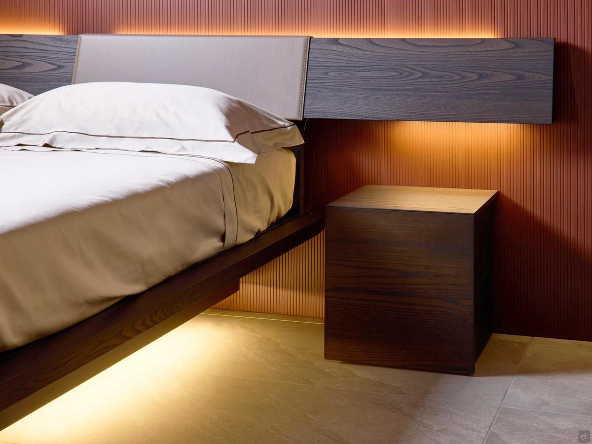 FortyFive minimalist wooden night group. In the photo the bedside table combined with the Planeur bed, fully co-ordinated in finishes and colours