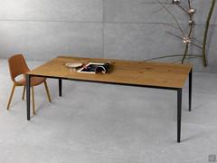 Extendable living room table Hiroshi with terracotta oak veneer wood top and matte black painted aluminum frame