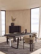 Sorrel extendable table with sled base in metallic burnished metal and top in moka blockboard ash with solid wood edge to match