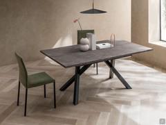 Ludwig table in HPL veneer, rectangular top and painted metal base with crossed legs