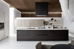 Front view of the kitchen island and sink of the modern kitchen Six 01: note the lacquered grooves coordinated with the base units