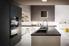 Detail of the stone-effect top with the single-bowl stainless steel sink . In the background, the ceiling-mounted hood, snack peninsula and shelves with backs (wood-effect melamine furniture finish no longer available)