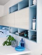 Detail of matte lacquered open compartments and wall cabinets with flap (wood-effect veneer finish no longer available)