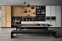 Wood and white kitchen Six 14: featured black ecoresin table and seating coordinated with the custom kitchen