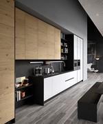 Side view of wood and white kitchen Six 14: black ecoresin baseboards and grooves coordinated with top and backsplash