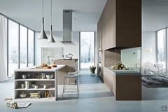 Side view of the custom kitchen Six 17: bioethanol fireplace and peninsula table bookcase in the foreground