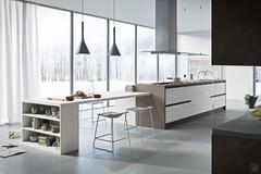 Modern kitchen without wall cabinets Six 17: peninsula table with bookcase like element at the end