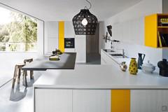 Kitchen with groove handles Six 07: in the background the column composition with built-in appliances and pantry