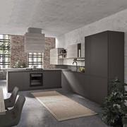 The operational area of the kitchen is developed in a corner, with a refrigerator integrated into a column