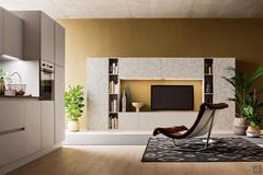 View of the wall unit with columns and wall units with the damask doors coordinated with the composition Six 02 (damask melamine finish not available)