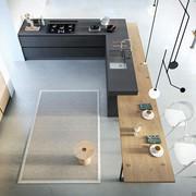 Aerial view of the island and wood veneer peninsula table: note the recessed under-top sink and the concealed under-top hood