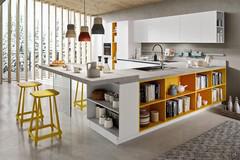 White matte kitchen without handles Six 10 with colored matte lacquered base and tall unit