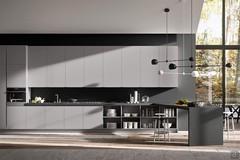 Modern linear kitchen Seven 02 with sloping snack peninsula in black Fenix