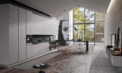 Modern linear kitchen Seven 02 with flat chrome groove and black Fenix top