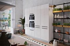 Colorful linear kitchen Seven 05: view of built-in appliance and pantry columns, opening with handle