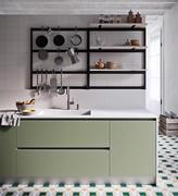 Detail of sink base with baskets and flat groove surmounted by quartz top with integrated bowl and painted metal tool shelf