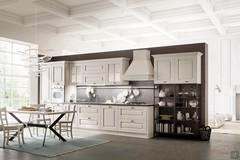 Classic linear kitchen Twenty with framed doors in white prickled wood and chromed handles