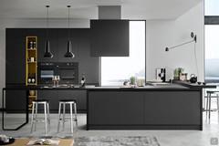 Design kitchen with island Seven 04: black Fenix peninsula table and black painted metal frame leg