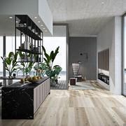 Kitchen island with black metal ceiling shelves