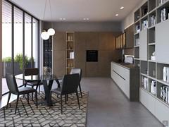 Modern corner kitchen with column wine cellar Plan 04