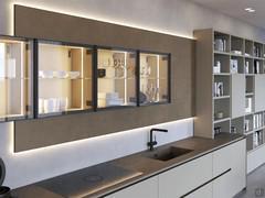 Modern corner kitchen with wall panels and display cases