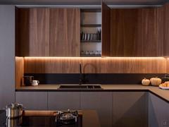 Modern kitchen with canaletto walnut veneer wall units