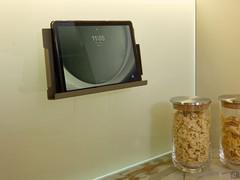 Tablet holder in this white modern kitchen