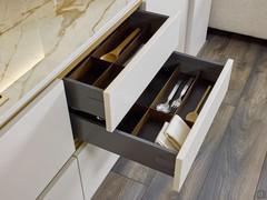 Drawers in the white and gold kitchen Eleven