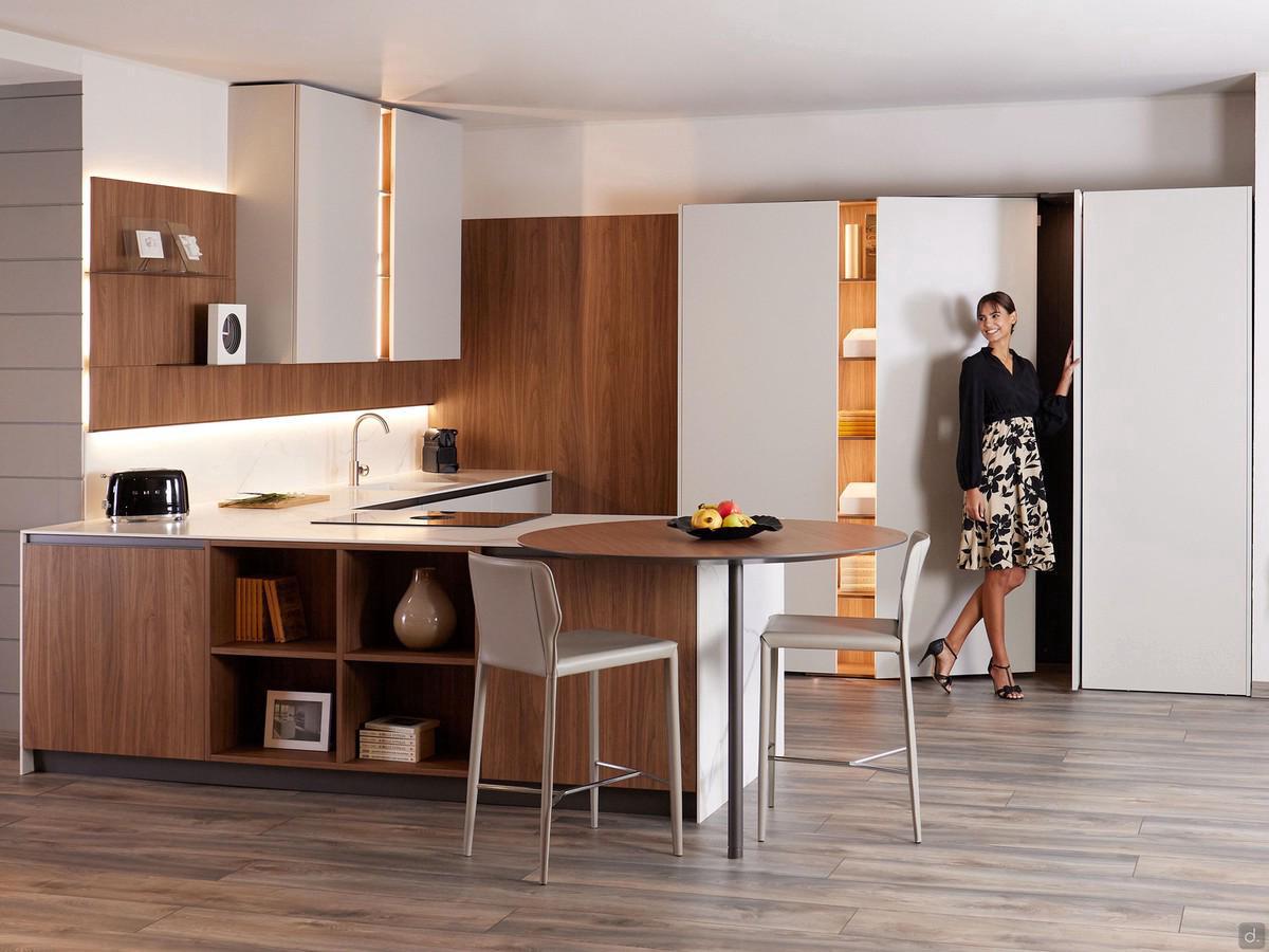 Plan 01 modern, two-tone kitchen with taupe lacquer and wood