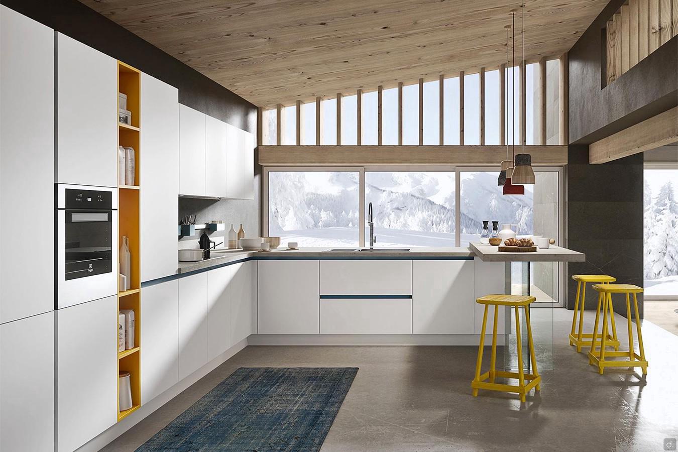 Matte white kitchen without handles Six 10 complete with appliances and snack peninsula