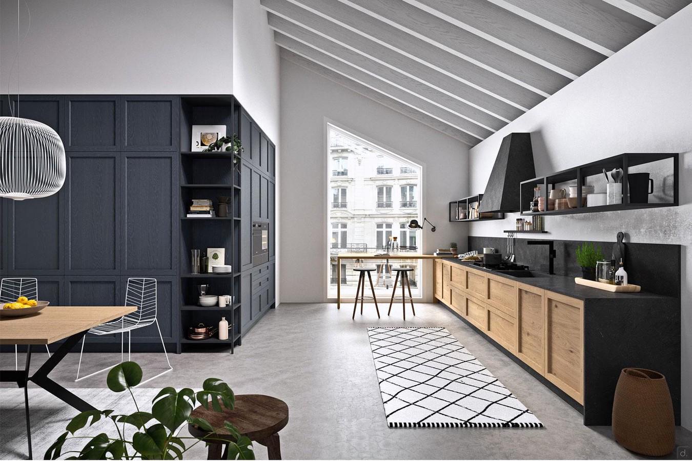 Kitchen on two parallel front walls: on one side stove, integrated sink and table-peninsula, on the other side pantry columns, oven and refrigerator