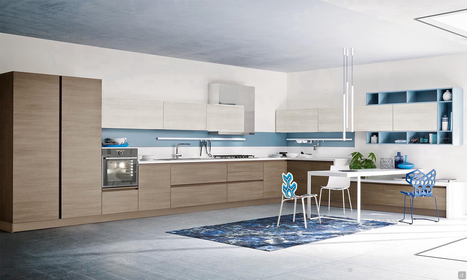 Modern corner kitchen Six 04 with matte lacquered throat and plinth to match the base units (wood-effect melamine finish no longer available)