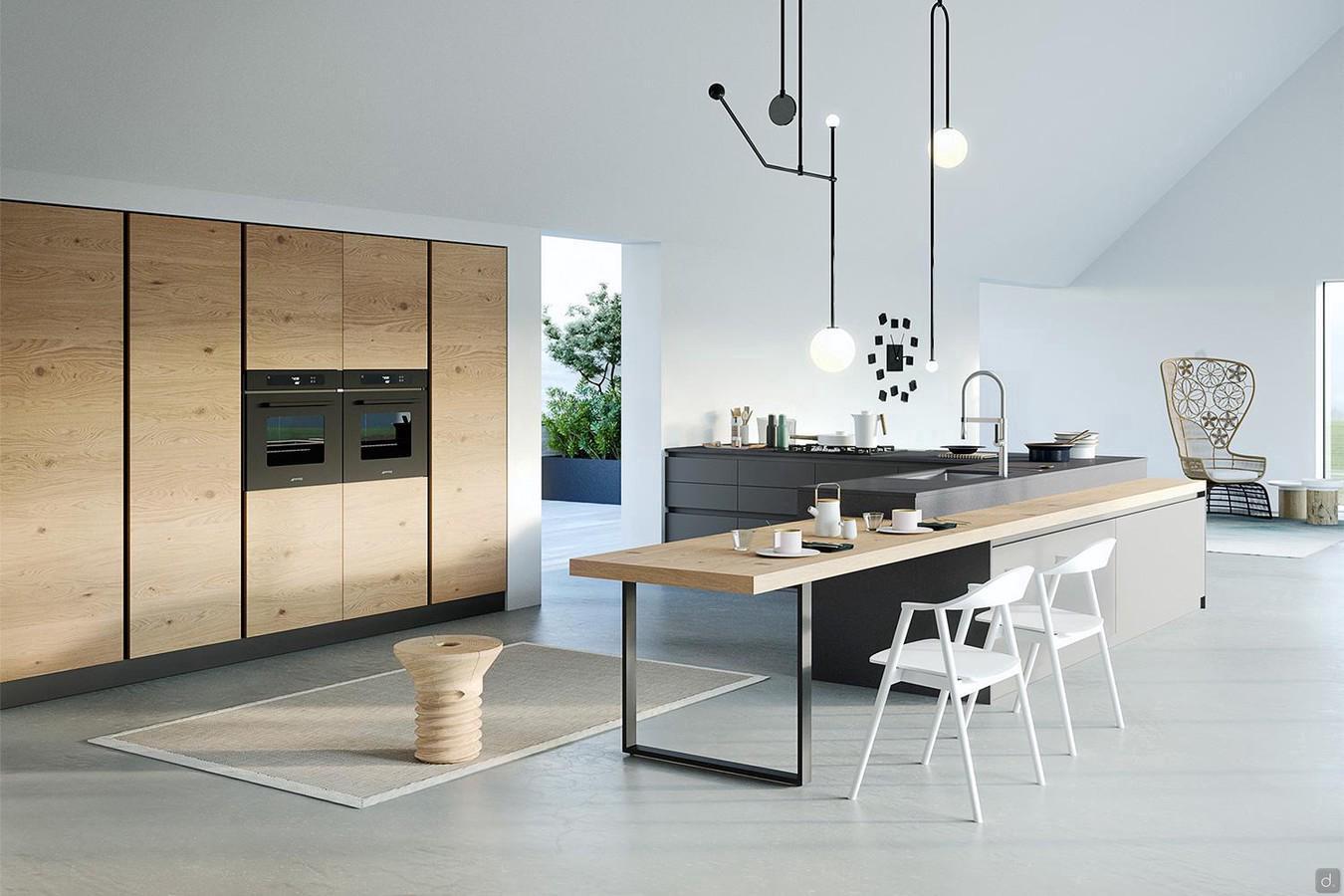 Island kitchen with table Six 13: complete with built-in appliance columns with wood veneer doors and lacquered baseboard