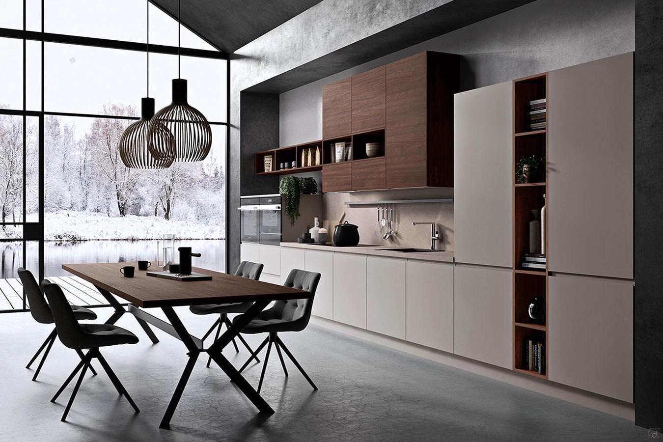 Modern matte lacquered kitchen with wall units , shelves and wooden bookcase