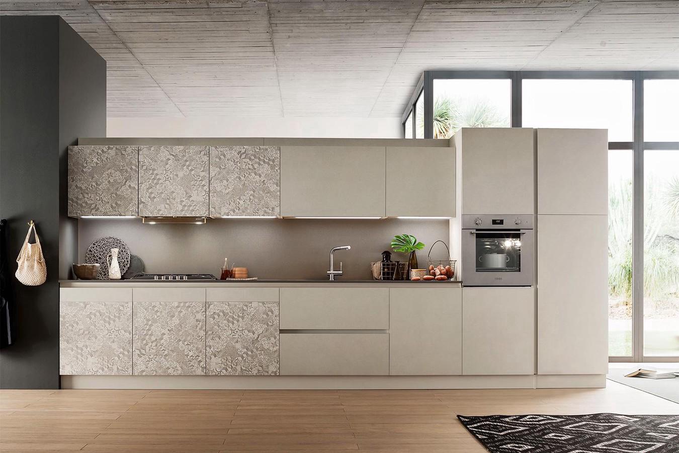 Modern kitchen without handles Six 02 complete with appliances, concealed hood and led under-cabinet (damask melamine finish not available)