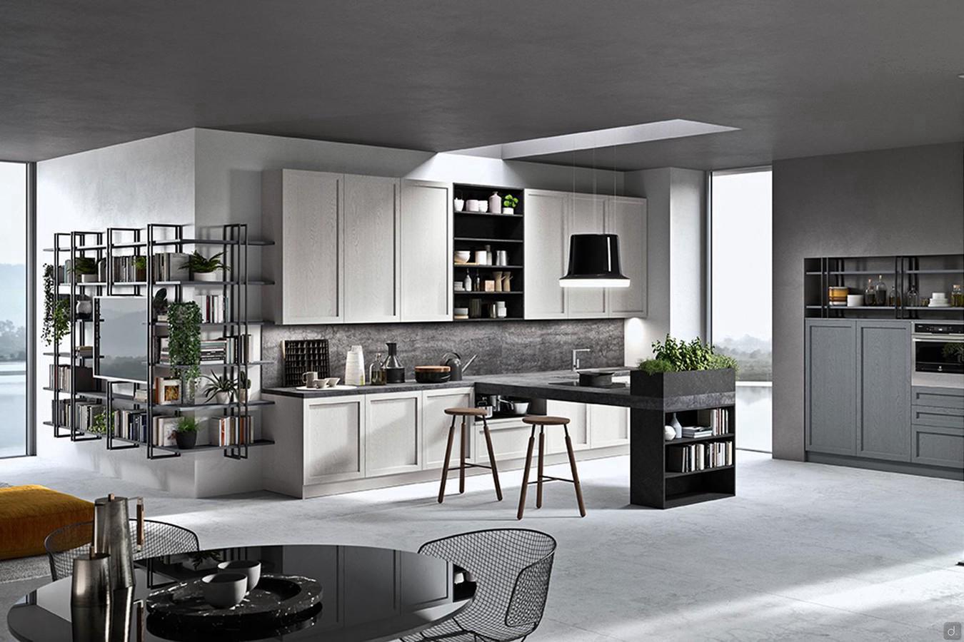 Kitchen with center peninsula with cooktop and snack counter, large countertop with wall-mounted sink, wall cabinets and half columns pantry, oven and refrigerator