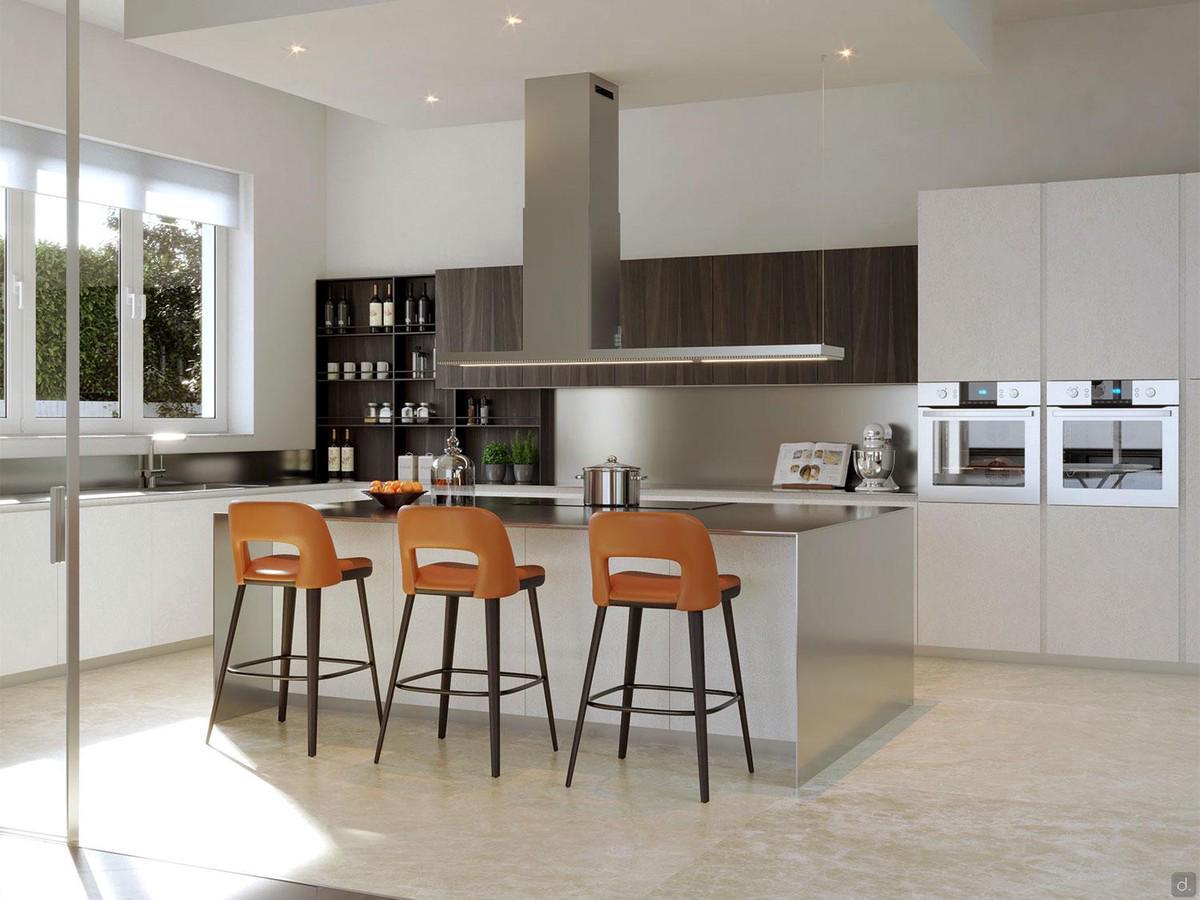 Corner kitchen with island and steel top, bespoke to the centimetre