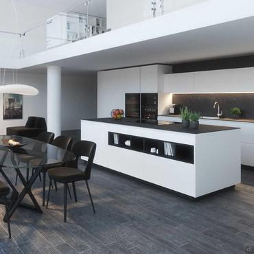 Open space with custom black and white kitchen island