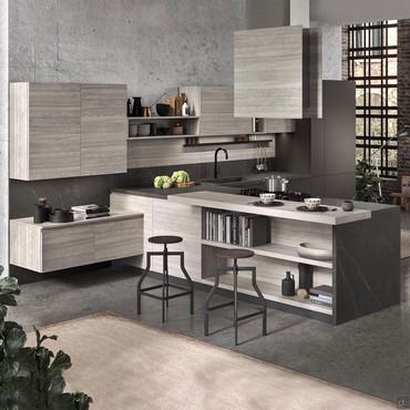 Wall-mounted sectional kitchen with double-sided peninsula