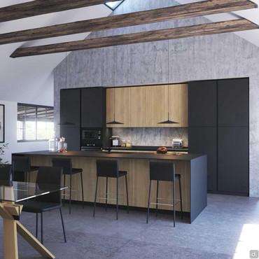 Kitchen with central snack island proposed in oak wood and black fenix