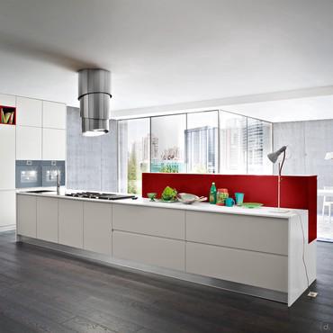 Kitchen with island and tall units, no wall cabinets, with minimal-look throat handles