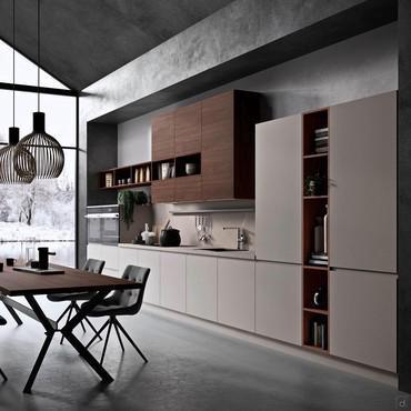 Modern matte lacquered kitchen with exposed wood cabinets and shelves