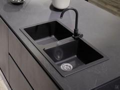 Detail of the two-bowl sink built into the top