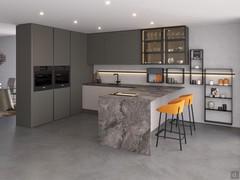 U-shaped kitchen with marble-effect peninsula AluX 02