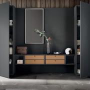 Mirror with white moka shine frame, shelves, open compartments and drawers with belting leather fronts