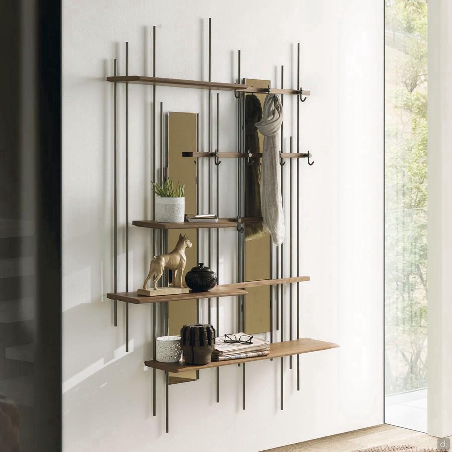 Designer entry cabinet Waterfall, with coat hooks, natural or bronzed mirrors and wood veneer shelves